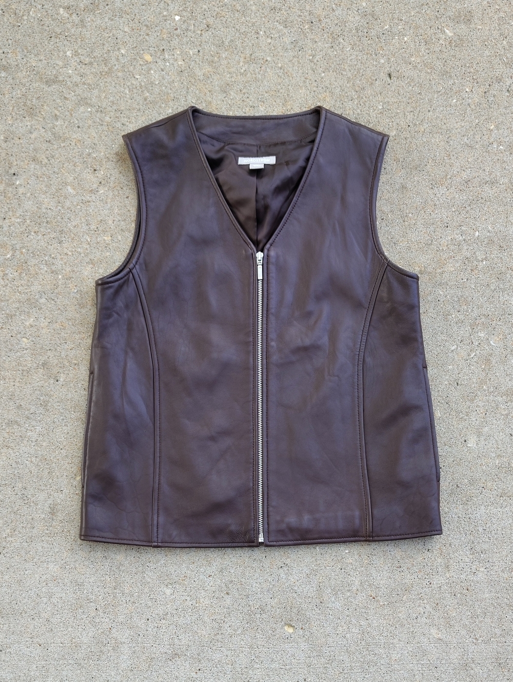 Nordstrom Lambskin Soft Leather Full Zip Vest Jacket Size XS Brown Grunge Biker - Picture 2 of 13